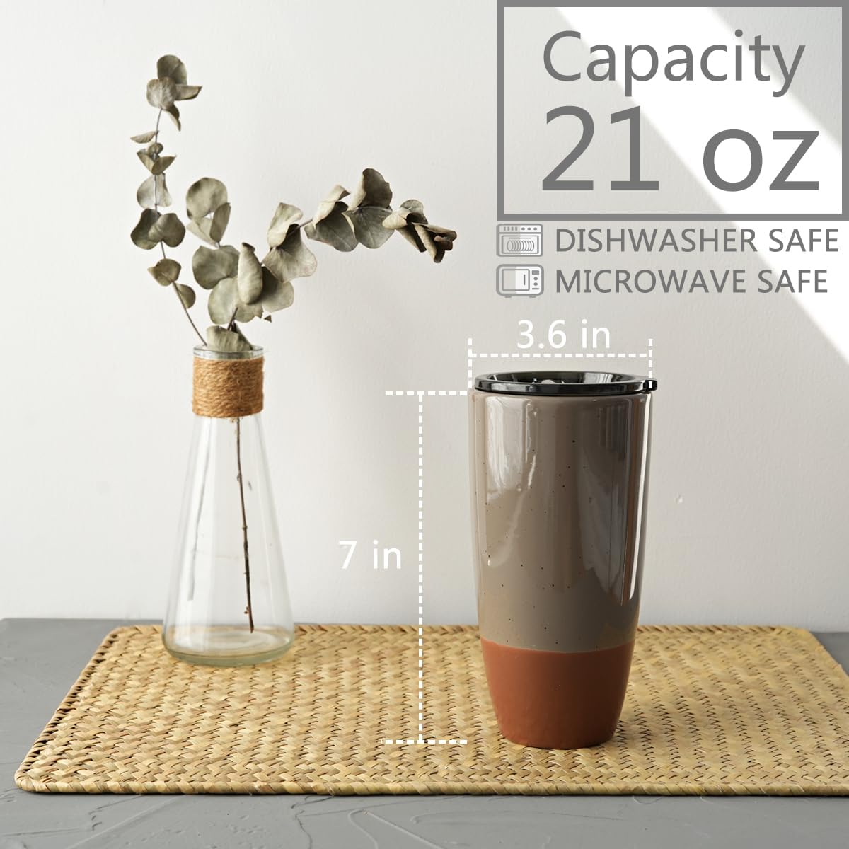 Ceramic Travel Coffee Cup with Lid, 21 oz, Portable Coffee Mug for Car Cup Holder, Microwave and Dishwasher Safe, Reactive Glaze (Grey)