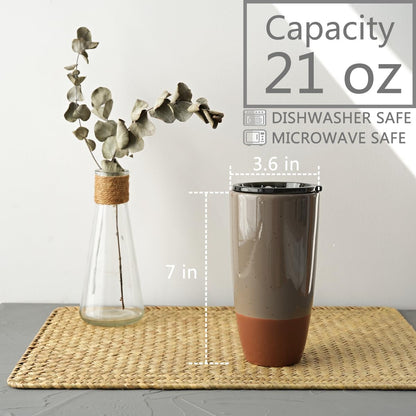 Ceramic Travel Coffee Cup with Lid, 21 oz, Portable Coffee Mug for Car Cup Holder, Microwave and Dishwasher Safe, Reactive Glaze (Grey)