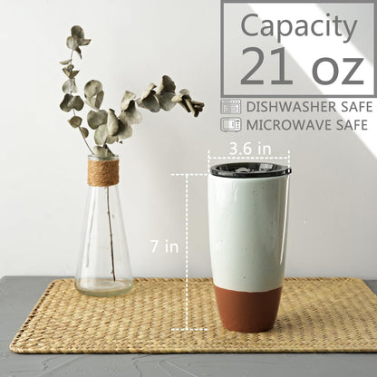 Ceramic Travel Coffee Cup with Lid, 21 oz, Portable Coffee Mug for Car Cup Holder, Microwave and Dishwasher Safe, Reactive Glaze (Grey)