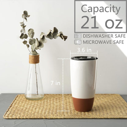 Ceramic Travel Coffee Cup with Lid, 21 oz, Portable Coffee Mug for Car Cup Holder, Microwave and Dishwasher Safe, Reactive Glaze (Grey)