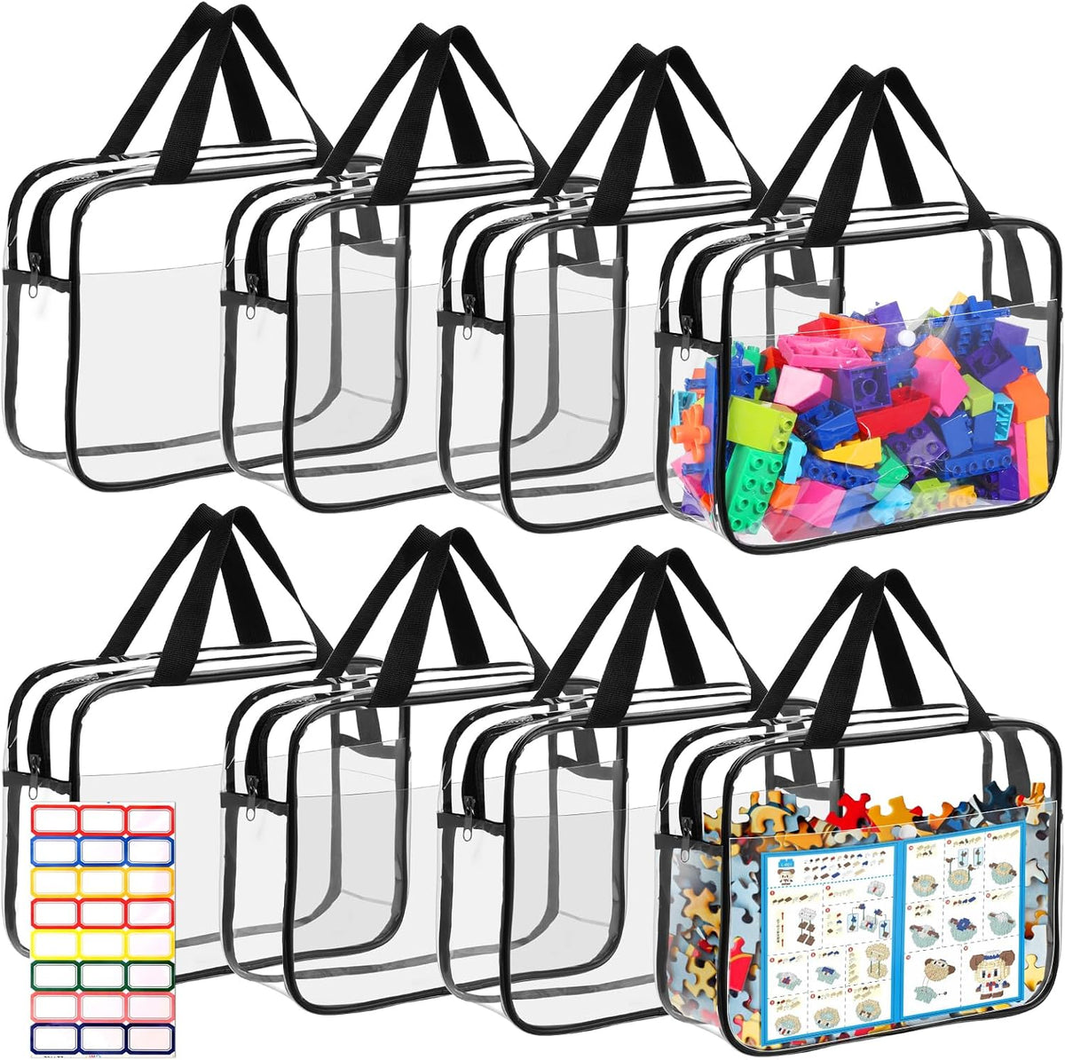 8 Packs Large Toy Storage Bags with Labels&Manual Pocket, Reusable Clear PVC Board Game Storage Bags, Travel Waterproof Organizer Bags with Zipper for Building Blocks, Puzzle, Toys