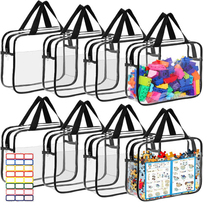 8 Packs Large Toy Storage Bags with Labels&Manual Pocket, Reusable Clear PVC Board Game Storage Bags, Travel Waterproof Organizer Bags with Zipper for Building Blocks, Puzzle, Toys