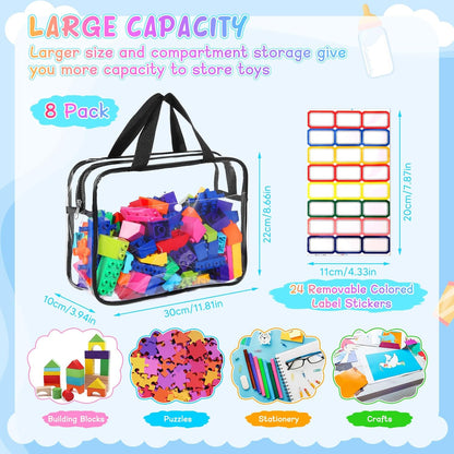 8 Packs Large Toy Storage Bags with Labels&Manual Pocket, Reusable Clear PVC Board Game Storage Bags, Travel Waterproof Organizer Bags with Zipper for Building Blocks, Puzzle, Toys