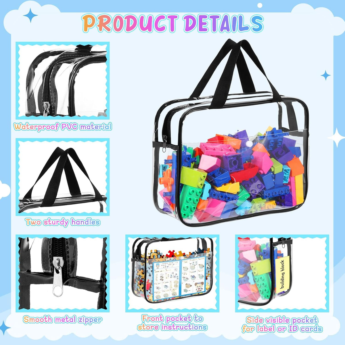 8 Packs Large Toy Storage Bags with Labels&Manual Pocket, Reusable Clear PVC Board Game Storage Bags, Travel Waterproof Organizer Bags with Zipper for Building Blocks, Puzzle, Toys