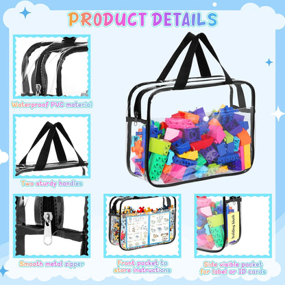 8 Packs Large Toy Storage Bags with Labels&Manual Pocket, Reusable Clear PVC Board Game Storage Bags, Travel Waterproof Organizer Bags with Zipper for Building Blocks, Puzzle, Toys