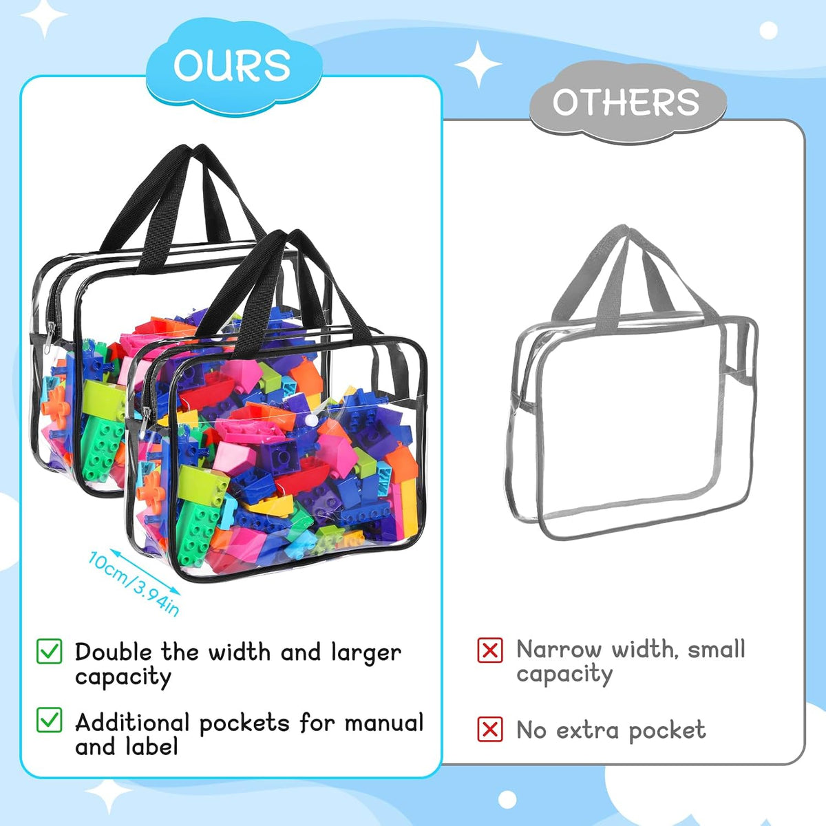8 Packs Large Toy Storage Bags with Labels&Manual Pocket, Reusable Clear PVC Board Game Storage Bags, Travel Waterproof Organizer Bags with Zipper for Building Blocks, Puzzle, Toys