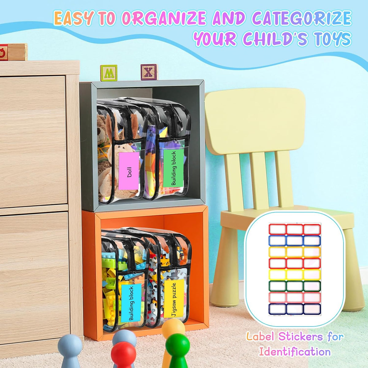 8 Packs Large Toy Storage Bags with Labels&Manual Pocket, Reusable Clear PVC Board Game Storage Bags, Travel Waterproof Organizer Bags with Zipper for Building Blocks, Puzzle, Toys