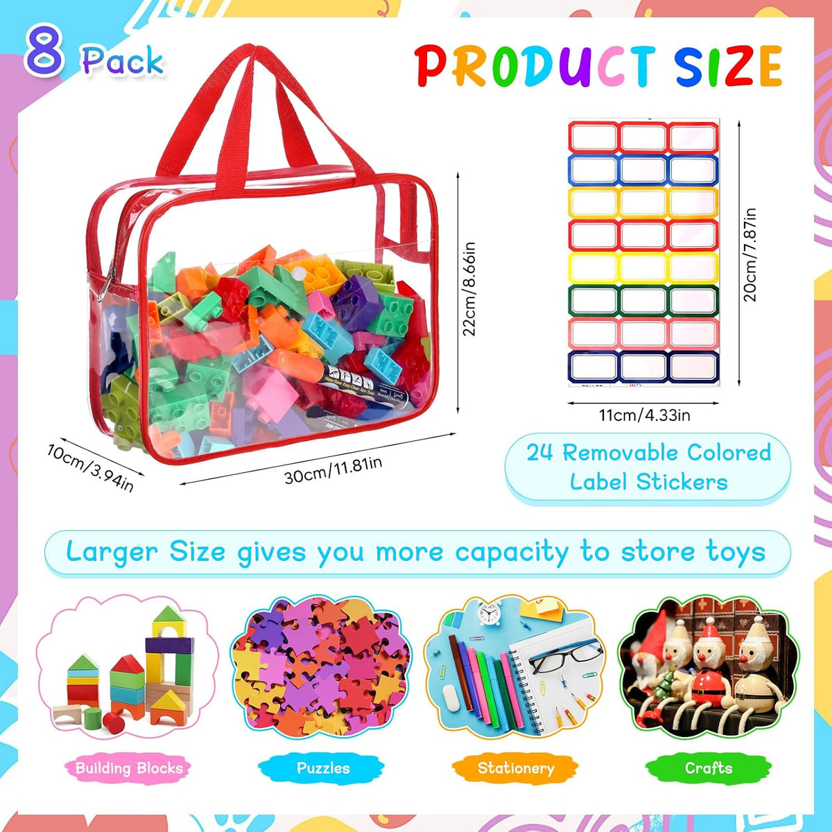 8 Packs Large Toy Storage Bags with Labels&Manual Pocket, Reusable Clear PVC Board Game Storage Bags, Travel Waterproof Organizer Bags with Zipper for Building Blocks, Puzzle, Toys
