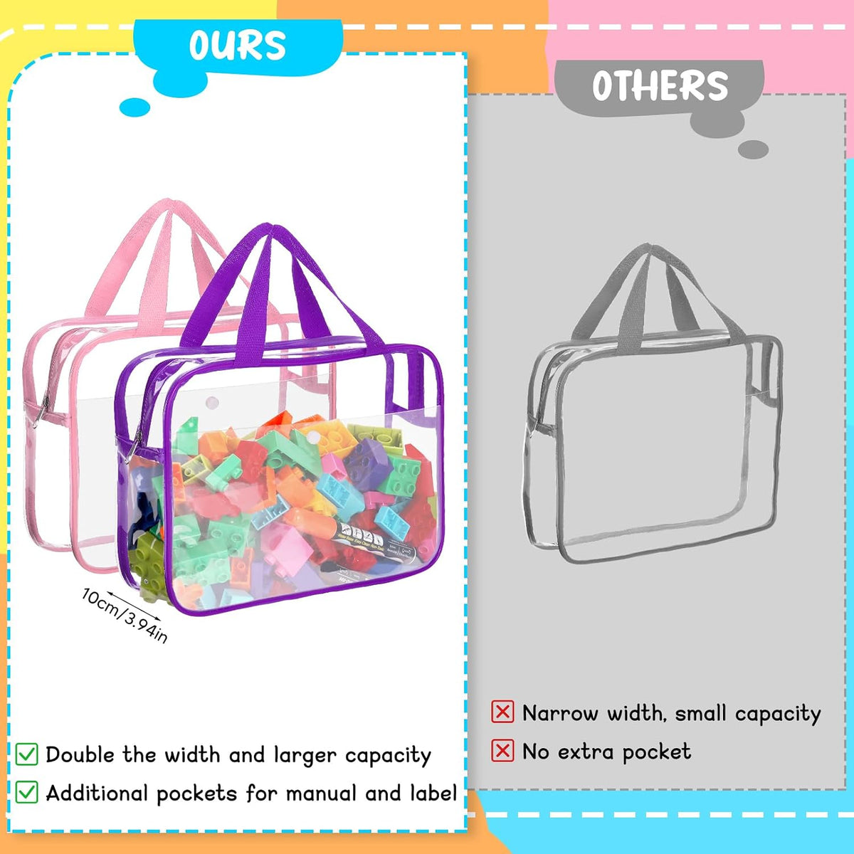 8 Packs Large Toy Storage Bags with Labels&Manual Pocket, Reusable Clear PVC Board Game Storage Bags, Travel Waterproof Organizer Bags with Zipper for Building Blocks, Puzzle, Toys