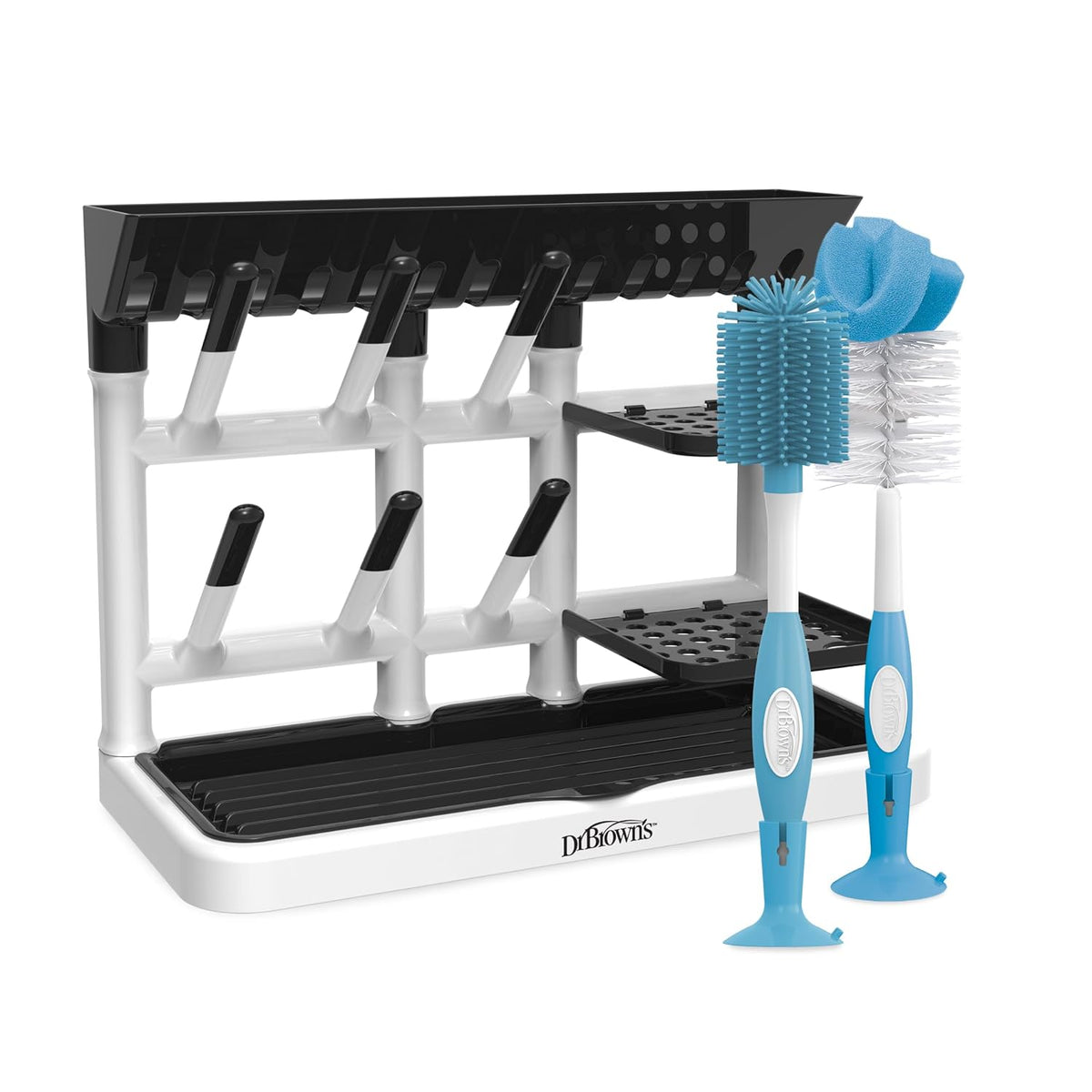 Baby Bottle Drying Tower, Stand-Up Drying Rack with Baby Bottle Brush Soft Touch and Sponge Brush, Blue Variety Pack