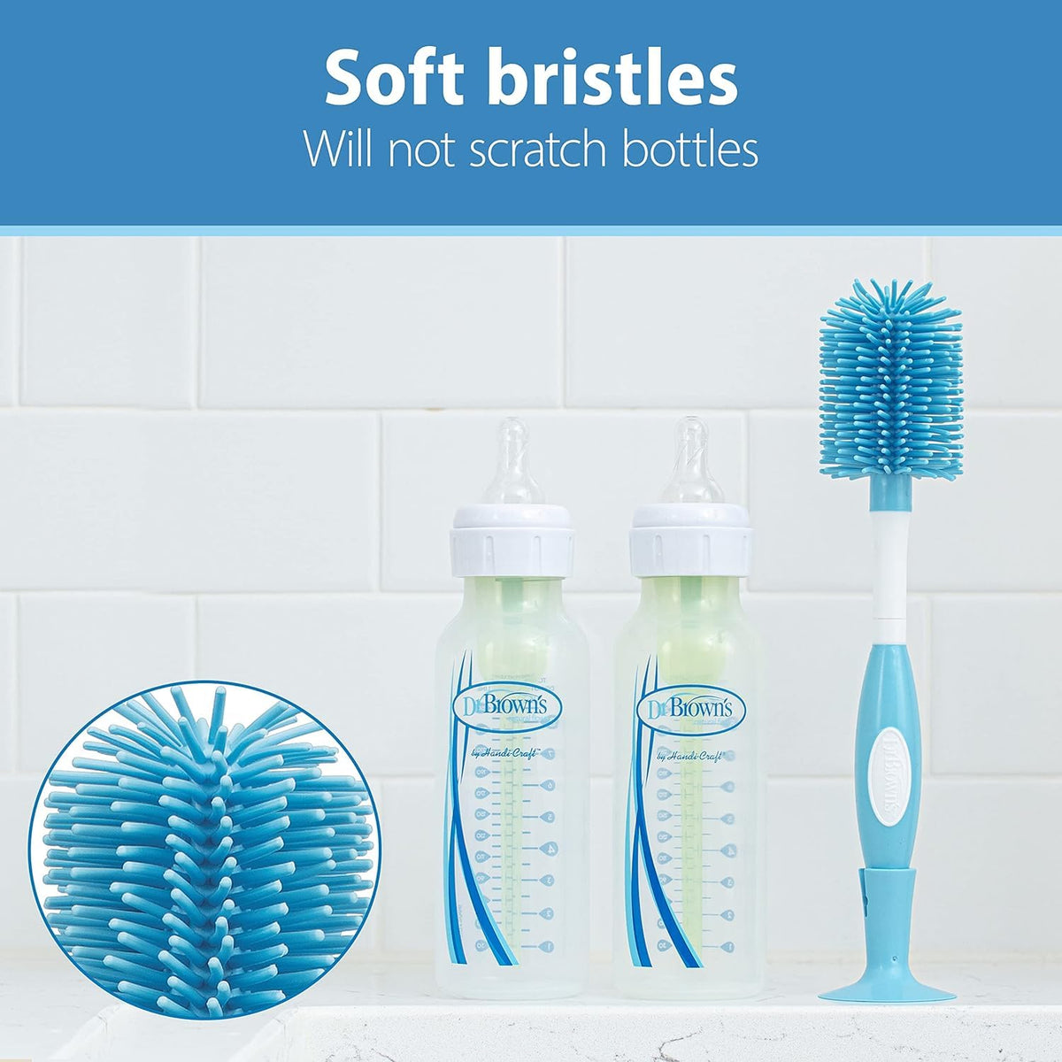 Baby Bottle Drying Tower, Stand-Up Drying Rack with Baby Bottle Brush Soft Touch and Sponge Brush, Blue Variety Pack