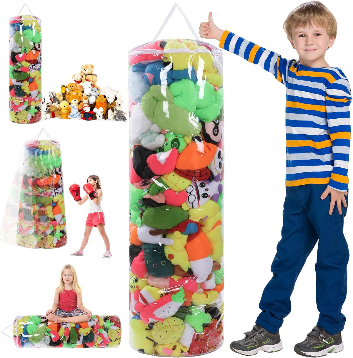 Clear Stuffed Animal Bean Bag Cover for Kids,Waterproof PVC Storage Soft Stuff Animal for Organizing Toddler & Children Rooms,Portable Cylinder Bag to Sit, Play & Box(47.2x13.8x13.8in)