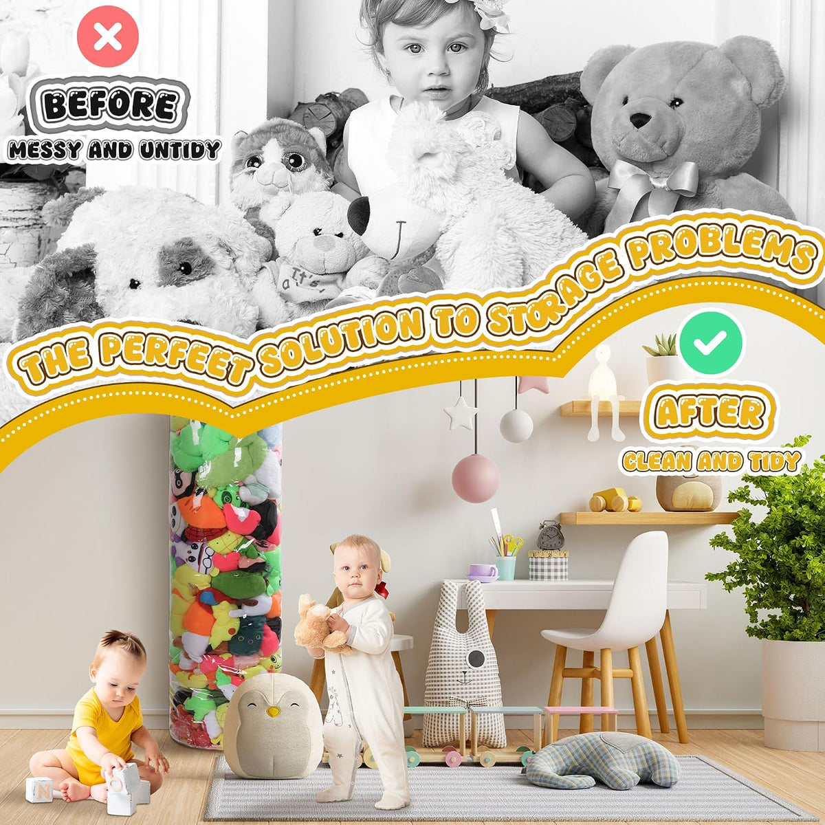 Clear Stuffed Animal Bean Bag Cover for Kids,Waterproof PVC Storage Soft Stuff Animal for Organizing Toddler & Children Rooms,Portable Cylinder Bag to Sit, Play & Box(47.2x13.8x13.8in)