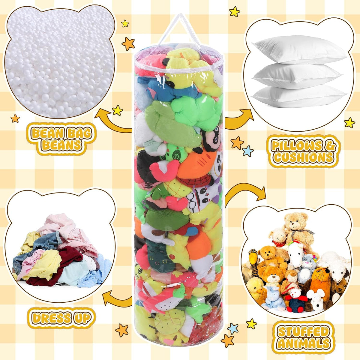 Clear Stuffed Animal Bean Bag Cover for Kids,Waterproof PVC Storage Soft Stuff Animal for Organizing Toddler & Children Rooms,Portable Cylinder Bag to Sit, Play & Box(47.2x13.8x13.8in)