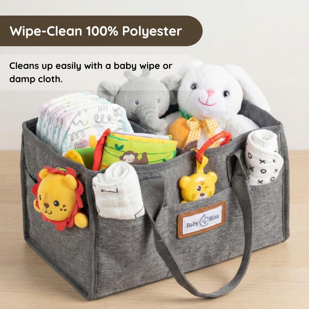 Polyester Diaper Caddy Organizer - Portable Wipe-Clean Nursery Storage Basket with Pockets and Dividers for Diapers, Wipes and Baby Essentials - For Nursery, Living Room and Car