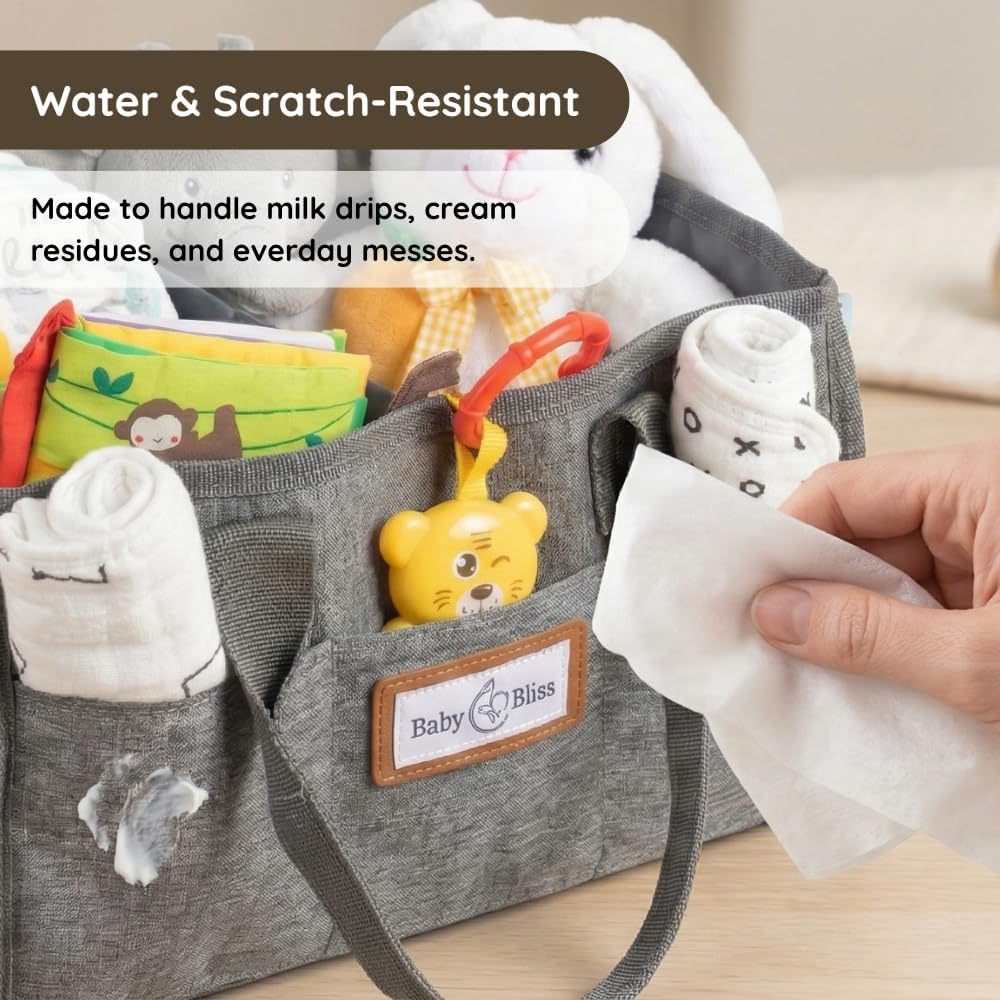 Polyester Diaper Caddy Organizer - Portable Wipe-Clean Nursery Storage Basket with Pockets and Dividers for Diapers, Wipes and Baby Essentials - For Nursery, Living Room and Car