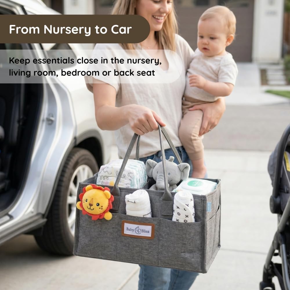 Polyester Diaper Caddy Organizer - Portable Wipe-Clean Nursery Storage Basket with Pockets and Dividers for Diapers, Wipes and Baby Essentials - For Nursery, Living Room and Car