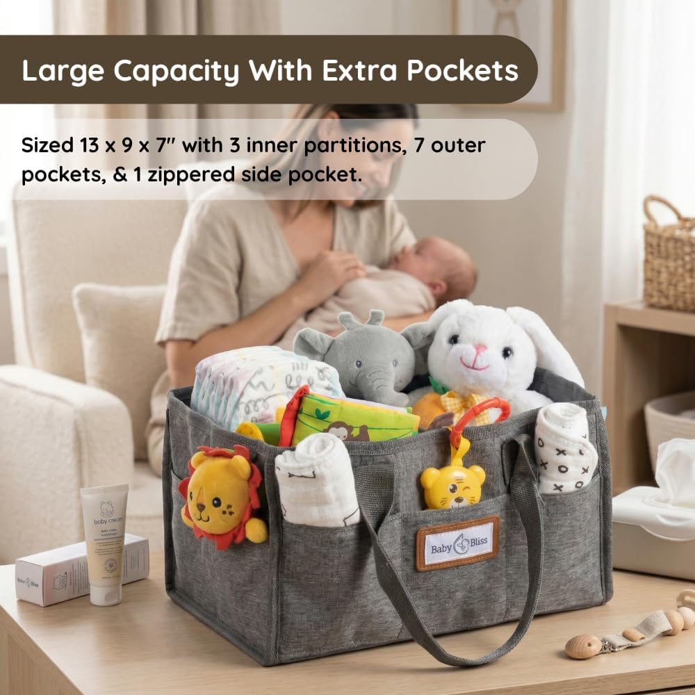 Polyester Diaper Caddy Organizer - Portable Wipe-Clean Nursery Storage Basket with Pockets and Dividers for Diapers, Wipes and Baby Essentials - For Nursery, Living Room and Car