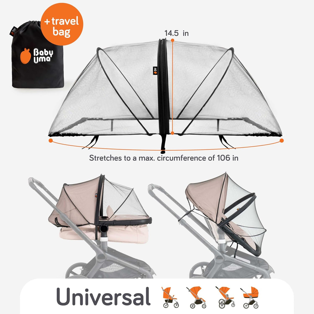Stroller Sun Shade Cover - UPF 50+ Stroller Cover, Baby Sun Protection, Breathable Blackout Mesh Baby Sun Shade, Stroller Shade with Zip-up Window, 6+ Months (+Travel Bag)