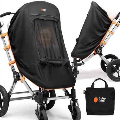 Stroller Sun Shade Cover - UPF 50+ Stroller Cover, Baby Sun Protection, Breathable Blackout Mesh Baby Sun Shade, Stroller Shade with Zip-up Window, 6+ Months (+Travel Bag)