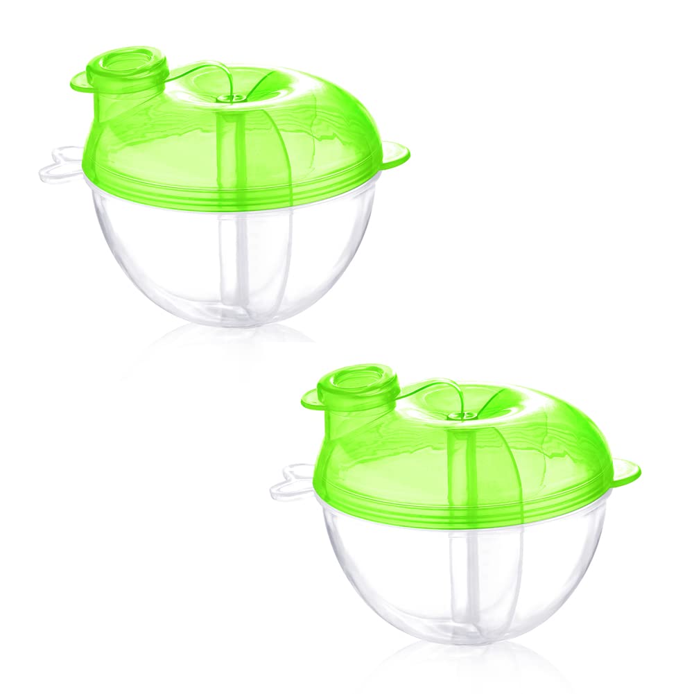 Baby Formula Dispenser for On-the-Go Feedings, Three-Compartment Non-Spill Formula Container to Go, Snack Milk Powder Dispenser for Traveling with Infant Toddler, Green, 2 Pack