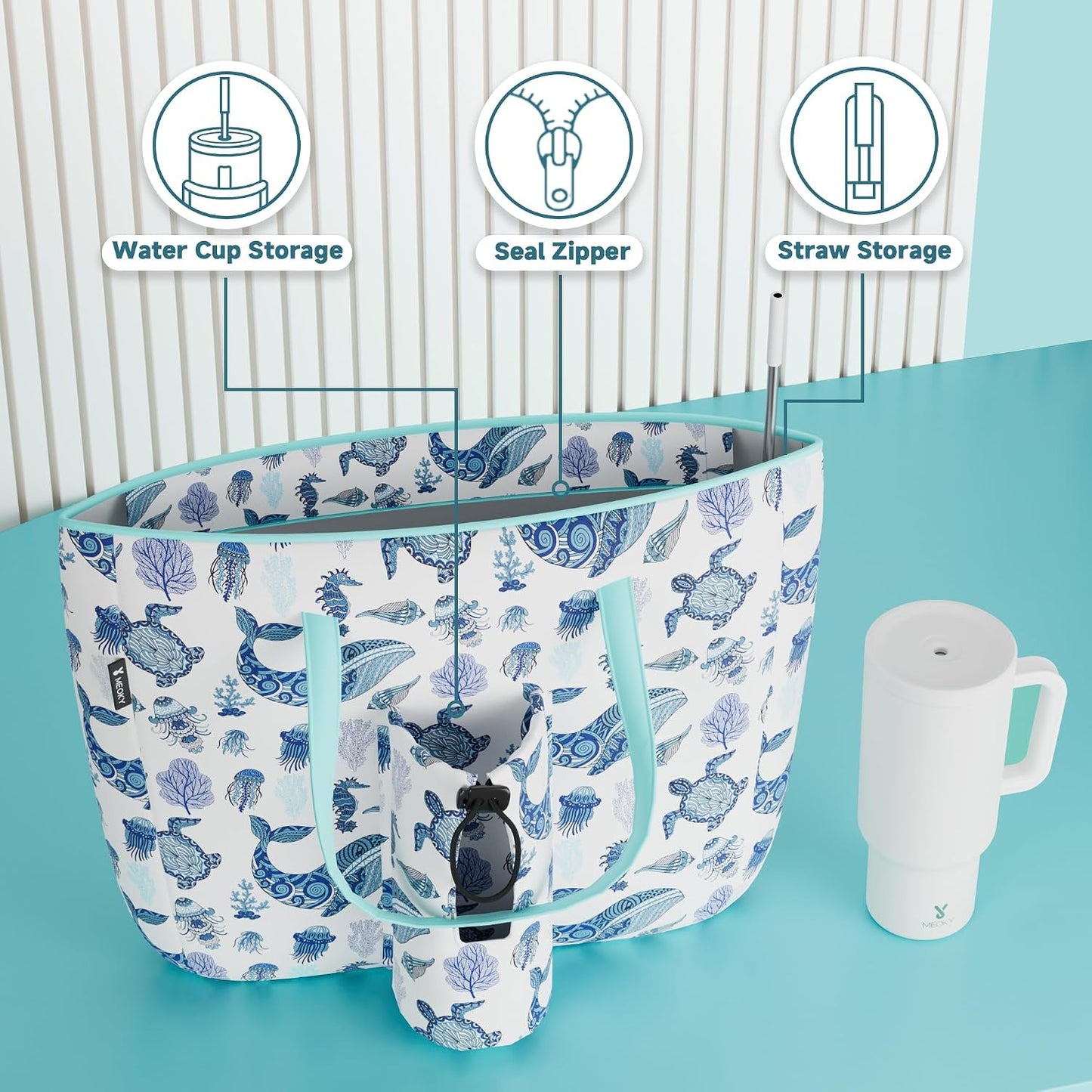 15L Womens Utility Tote Bag with Zipper for 40 oz Tumbler with Handle | Water Bottle Carrier Holder for Ladies Girls, 40 oz Tumbler Accessories for Travel Sports Gym Work Yoga, Straw Storage