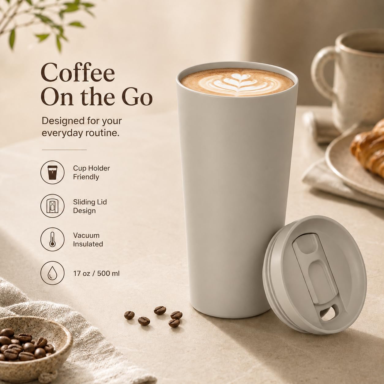 StreamSip 17oz Insulated Stainless Steel Tumbler, Double Wall Vacuum Sweat-Free Travel Coffee Cup with Slide Sip Lid, BPA-Free Reusable Coffee Mug (Teal)