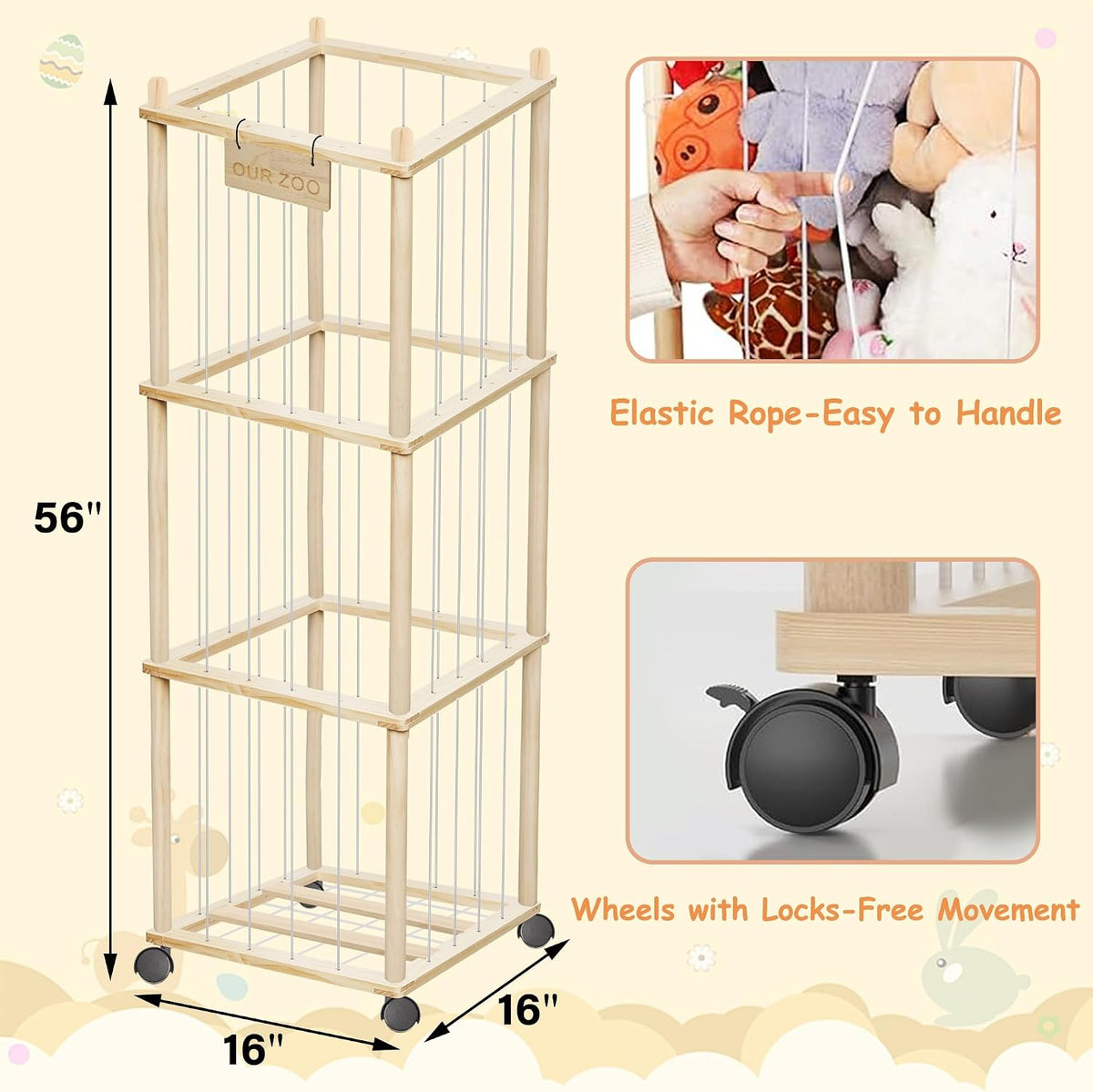 56" Stuffed Animal Storage Organizer with Wheels Plushies Storage
