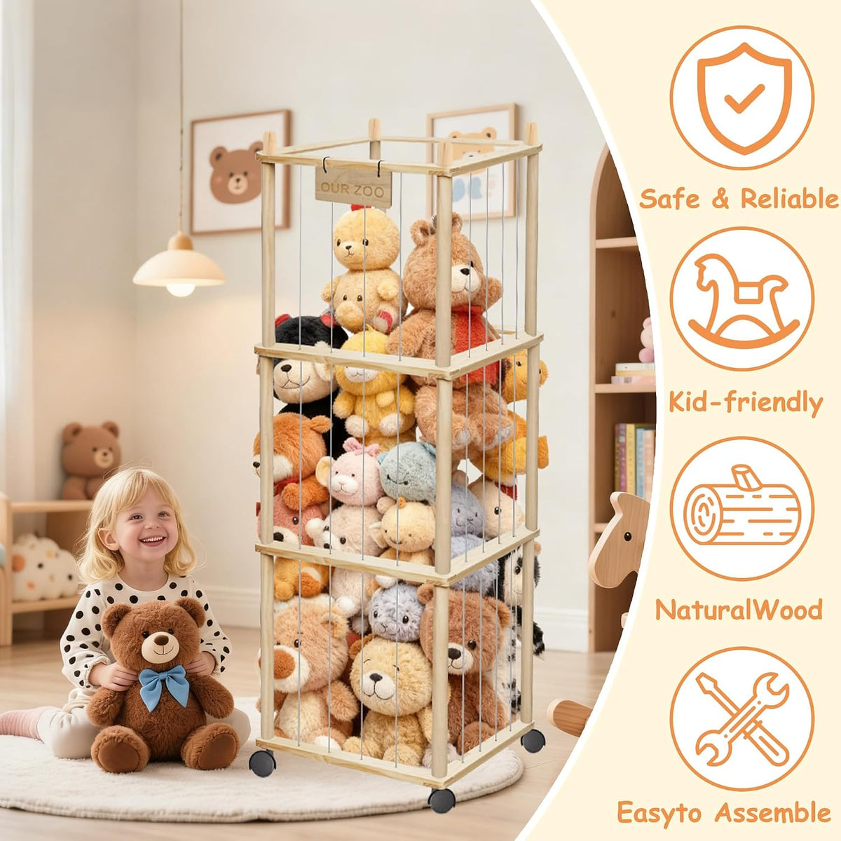 56" Stuffed Animal Storage Organizer with Wheels Plushies Storage