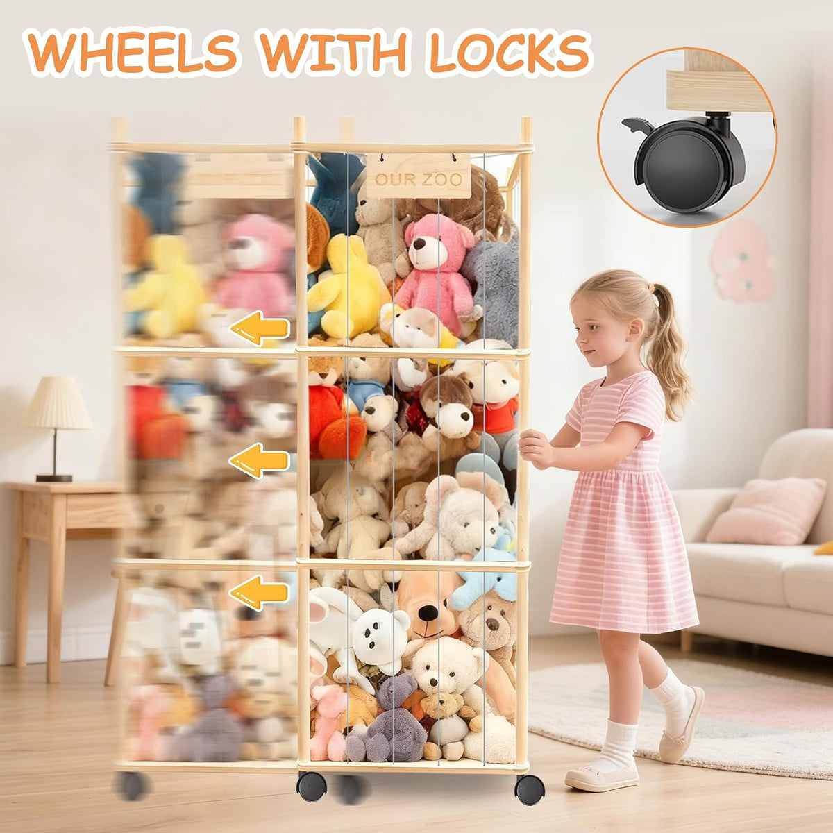56" Stuffed Animal Storage Organizer with Wheels Plushies Storage