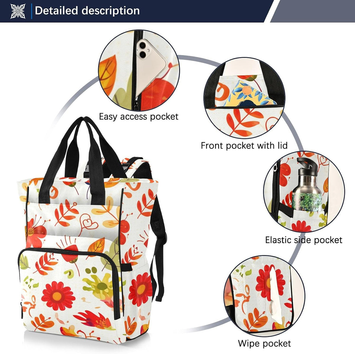 Diaper Bag Backpack, Multifunction Travel Bag for Moms Dads, Baby Changing Bag with Insulted Pockets, Stroller Straps and Side Bottle Pockets Orange Red Flower Pattern