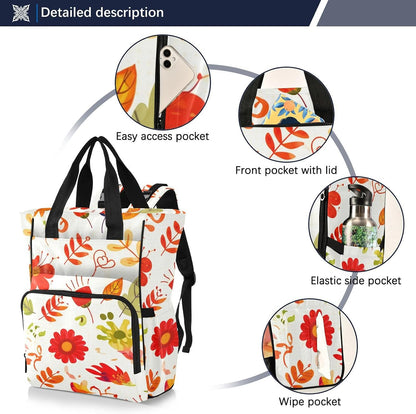 Diaper Bag Backpack, Multifunction Travel Bag for Moms Dads, Baby Changing Bag with Insulted Pockets, Stroller Straps and Side Bottle Pockets Orange Red Flower Pattern