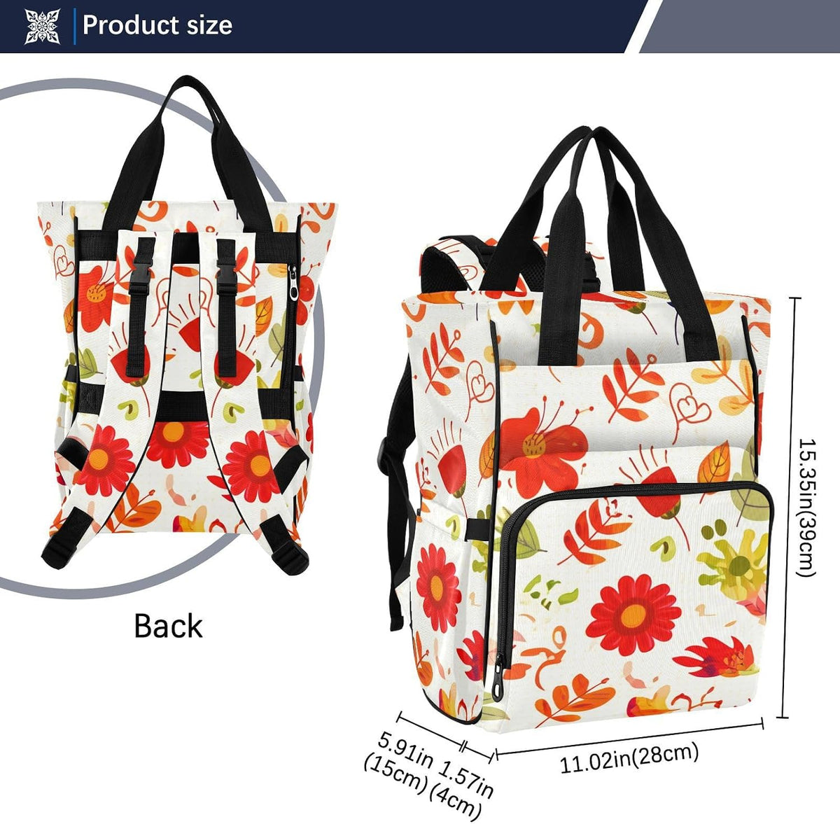 Diaper Bag Backpack, Multifunction Travel Bag for Moms Dads, Baby Changing Bag with Insulted Pockets, Stroller Straps and Side Bottle Pockets Orange Red Flower Pattern