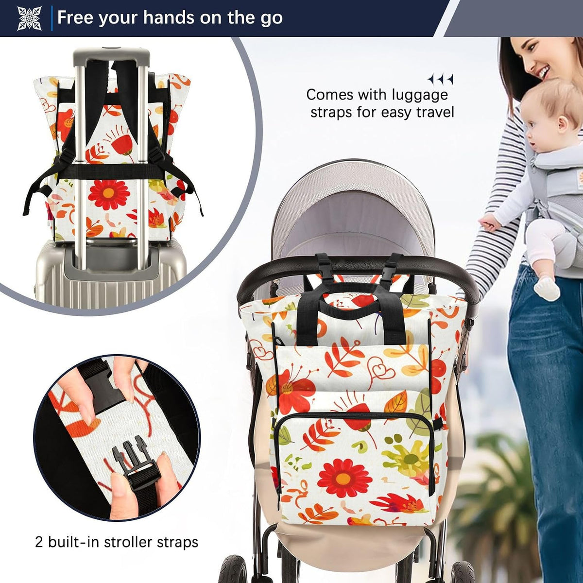Diaper Bag Backpack, Multifunction Travel Bag for Moms Dads, Baby Changing Bag with Insulted Pockets, Stroller Straps and Side Bottle Pockets Orange Red Flower Pattern