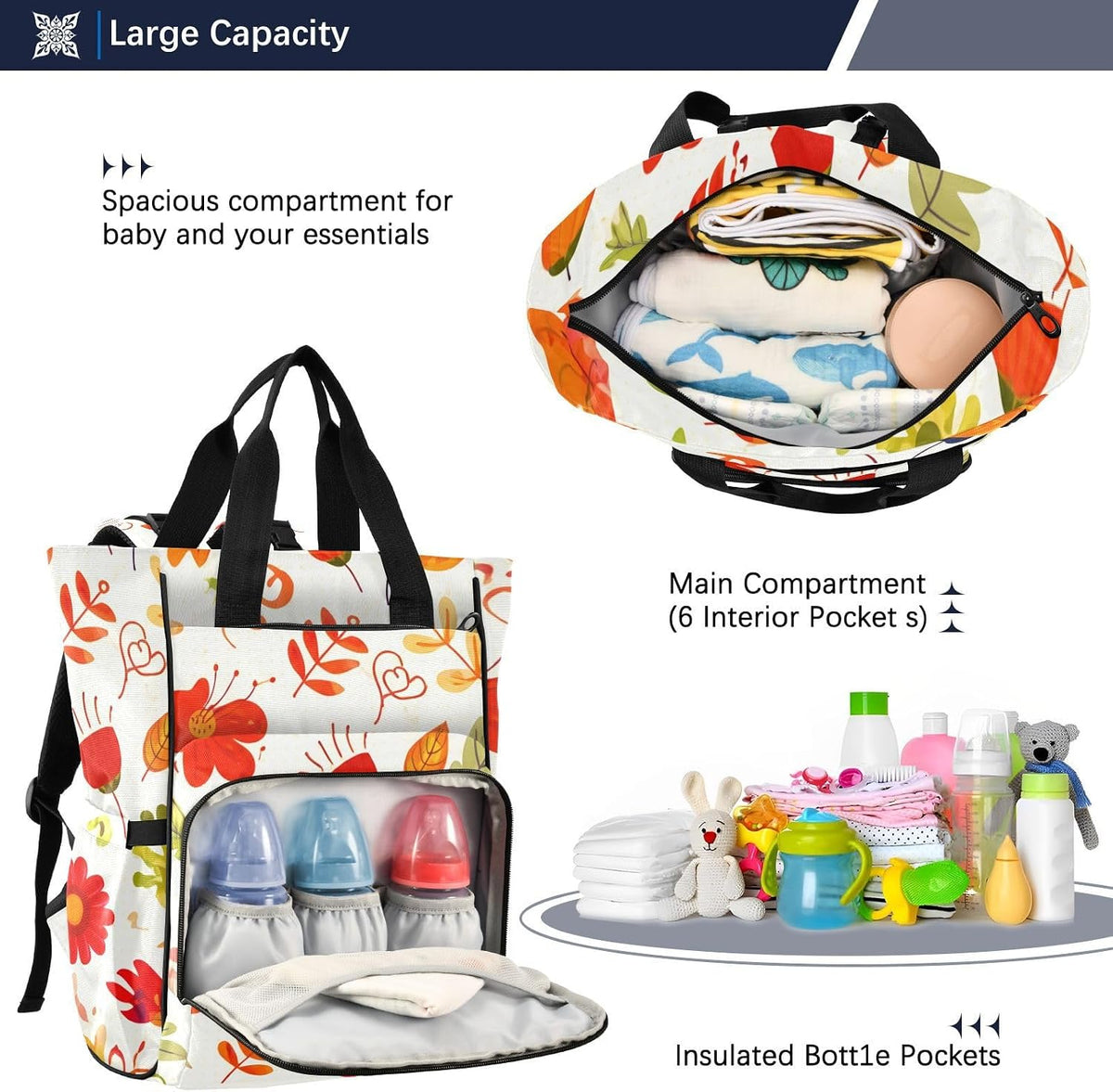 Diaper Bag Backpack, Multifunction Travel Bag for Moms Dads, Baby Changing Bag with Insulted Pockets, Stroller Straps and Side Bottle Pockets Orange Red Flower Pattern