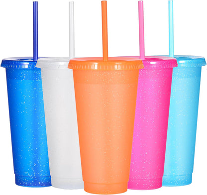 Tumbler with Straw and Lid,Water Bottle Iced Coffee Travel Mug Cup,Reusable Plastic Cups,Perfect for Parties,Birthdays,24oz-5 Pack (Rainbow, 5pack)