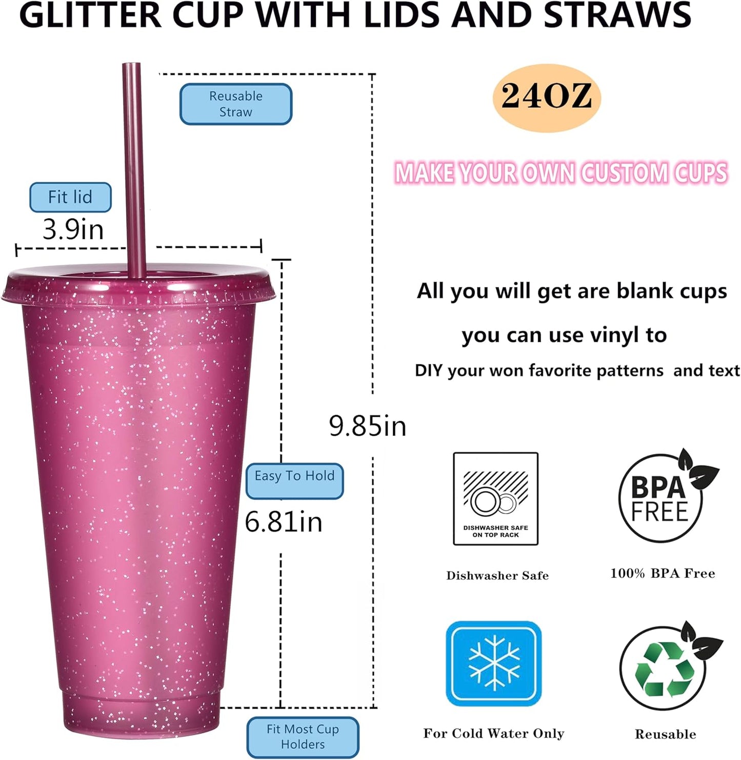 Tumbler with Straw and Lid,Water Bottle Iced Coffee Travel Mug Cup,Reusable Plastic Cups,Perfect for Parties,Birthdays,24oz-5 Pack (Rainbow, 5pack)