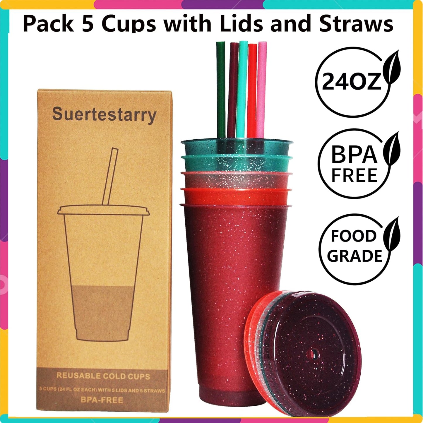Tumbler with Straw and Lid,Water Bottle Iced Coffee Travel Mug Cup,Reusable Plastic Cups,Perfect for Parties,Birthdays,24oz-5 Pack (Rainbow, 5pack)