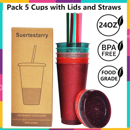 Tumbler with Straw and Lid,Water Bottle Iced Coffee Travel Mug Cup,Reusable Plastic Cups,Perfect for Parties,Birthdays,24oz-5 Pack (Rainbow, 5pack)