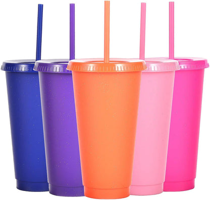 Tumbler with Straw and Lid,Water Bottle Iced Coffee Travel Mug Cup,Reusable Plastic Cups,Perfect for Parties,Birthdays,24oz-5 Pack (Rainbow, 5pack)