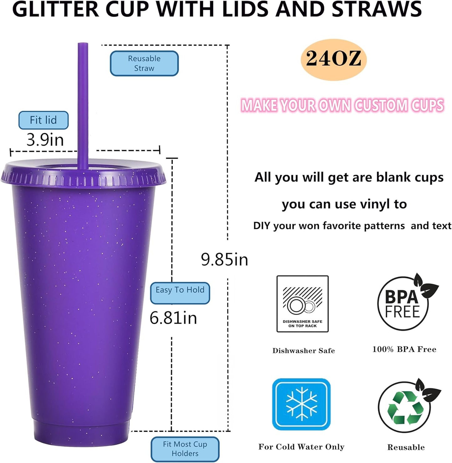 Tumbler with Straw and Lid,Water Bottle Iced Coffee Travel Mug Cup,Reusable Plastic Cups,Perfect for Parties,Birthdays,24oz-5 Pack (Rainbow, 5pack)