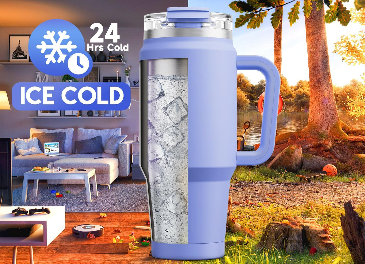 32 oz Tumbler with Handle, Insulated Tumbler with Lid and Straw, Stainless Steel Travel Mug, Keeps Cold for 24 Hours, 100% Leak Proof, Fits in Car Cup Holder (Night)