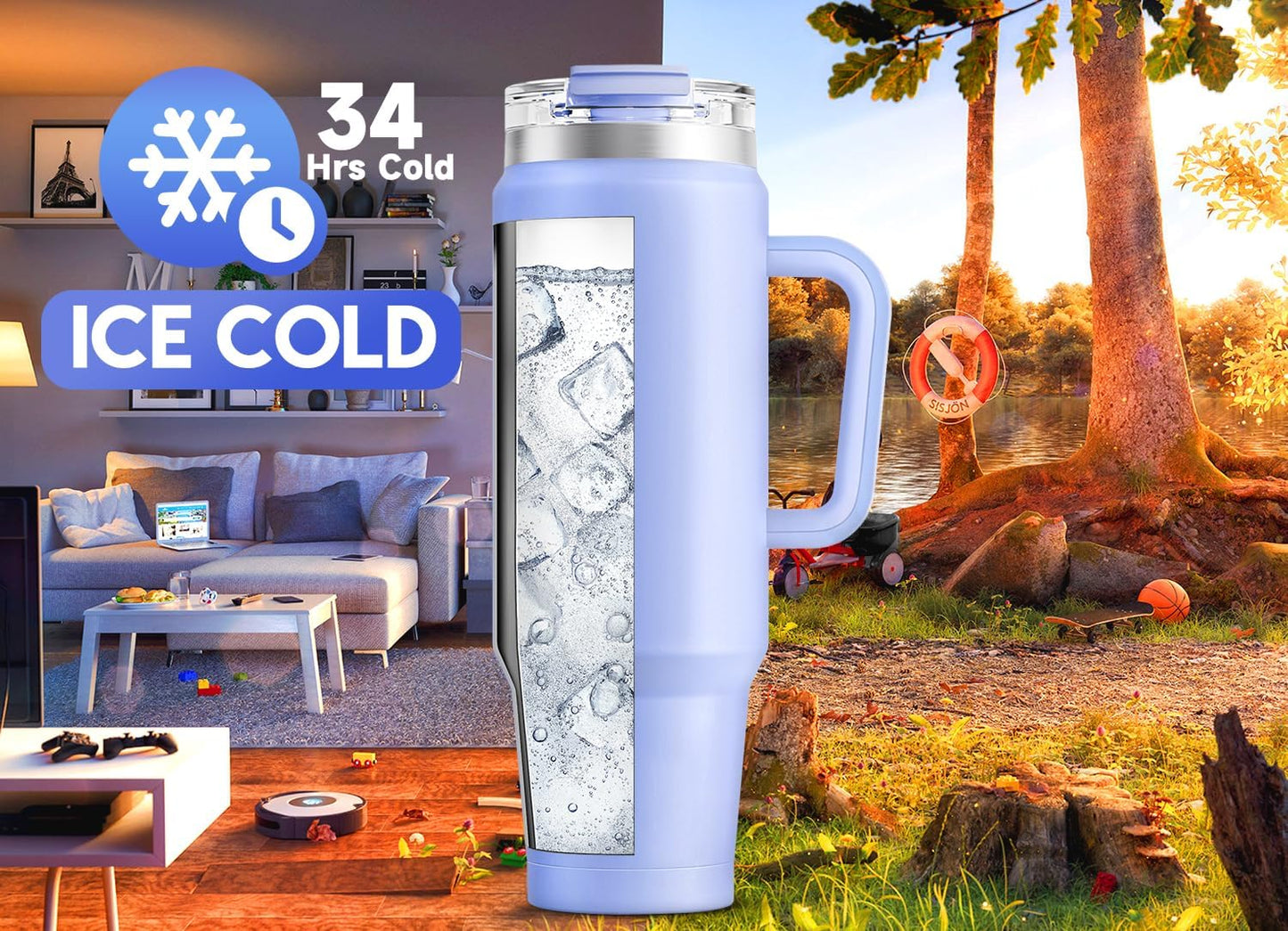 32 oz Tumbler with Handle, Insulated Tumbler with Lid and Straw, Stainless Steel Travel Mug, Keeps Cold for 24 Hours, 100% Leak Proof, Fits in Car Cup Holder (Night)