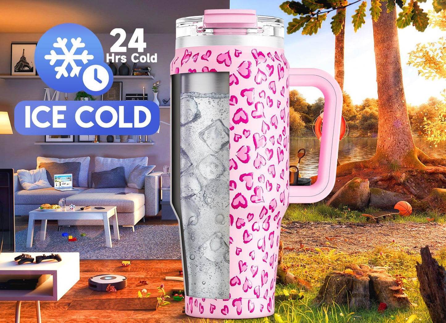 32 oz Tumbler with Handle, Insulated Tumbler with Lid and Straw, Stainless Steel Travel Mug, Keeps Cold for 24 Hours, 100% Leak Proof, Fits in Car Cup Holder (Night)