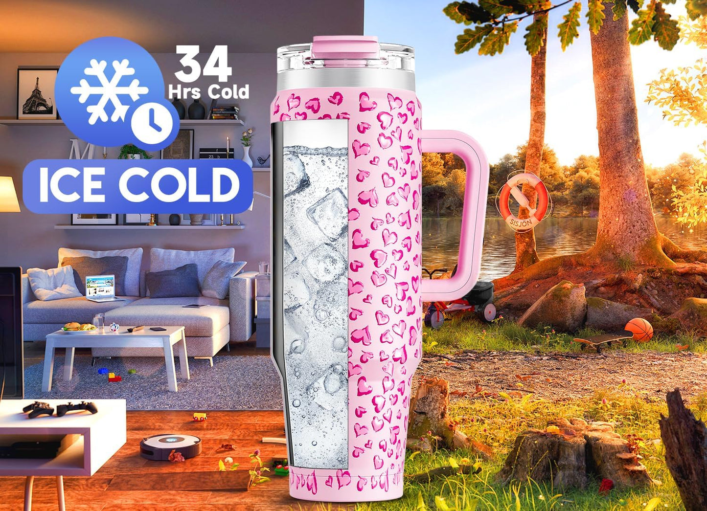 32 oz Tumbler with Handle, Insulated Tumbler with Lid and Straw, Stainless Steel Travel Mug, Keeps Cold for 24 Hours, 100% Leak Proof, Fits in Car Cup Holder (Night)
