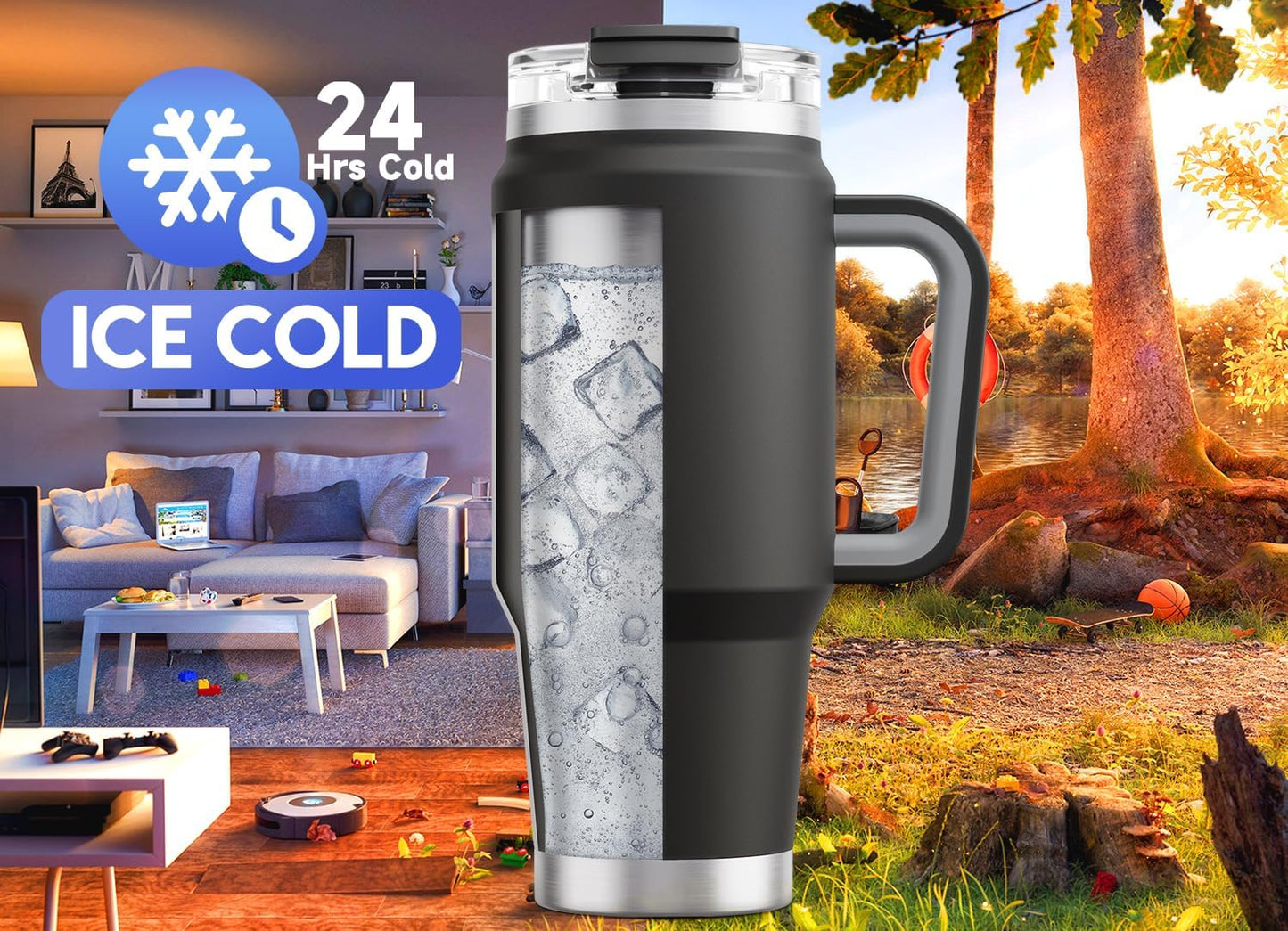 32 oz Tumbler with Handle, Insulated Tumbler with Lid and Straw, Stainless Steel Travel Mug, Keeps Cold for 24 Hours, 100% Leak Proof, Fits in Car Cup Holder (Night)