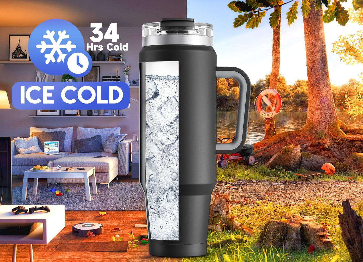 32 oz Tumbler with Handle, Insulated Tumbler with Lid and Straw, Stainless Steel Travel Mug, Keeps Cold for 24 Hours, 100% Leak Proof, Fits in Car Cup Holder (Night)