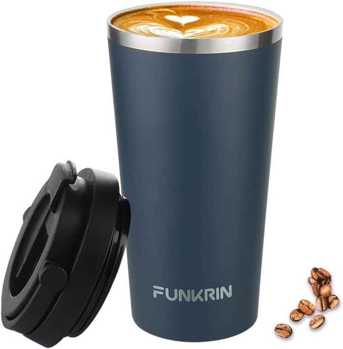 Insulated Coffee Mug with Ceramic Coating, 16oz Iced Coffee Tumbler Cup with Flip Lid and Handle, Double Wall Vacuum Leak-Proof Travel Mug for Office School Party Camping