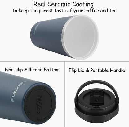 Insulated Coffee Mug with Ceramic Coating, 16oz Iced Coffee Tumbler Cup with Flip Lid and Handle, Double Wall Vacuum Leak-Proof Travel Mug for Office School Party Camping