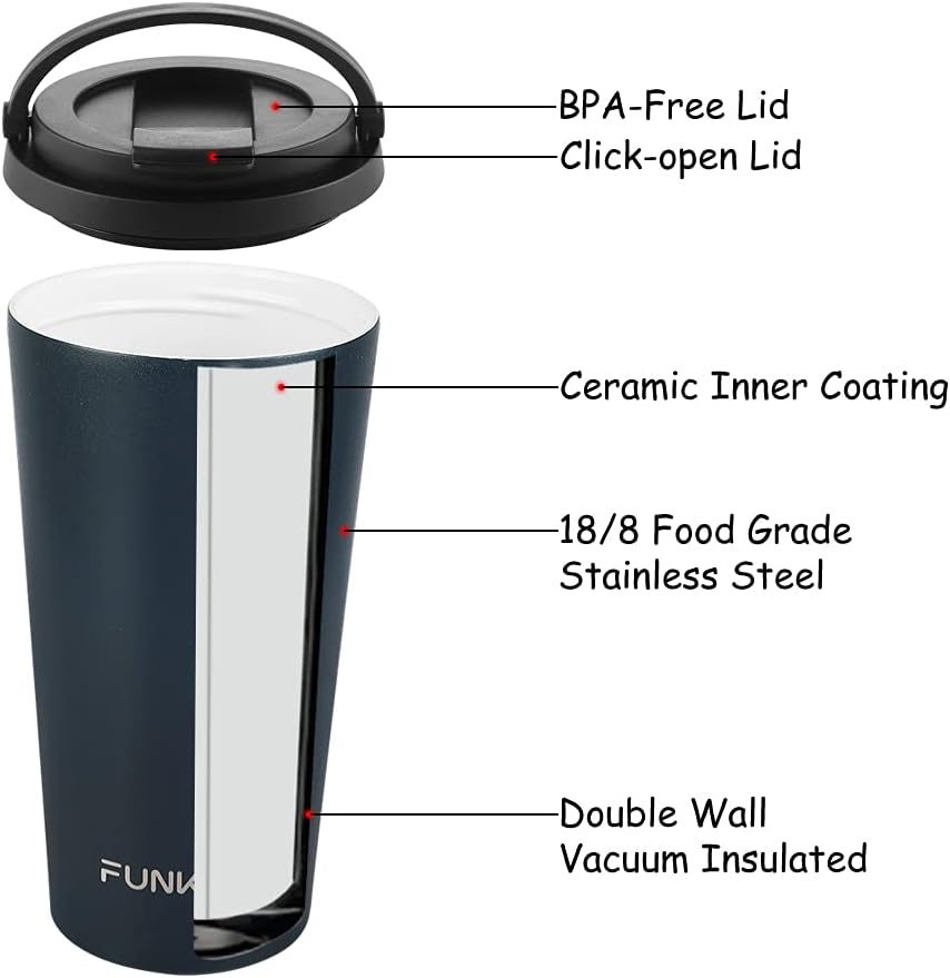 Insulated Coffee Mug with Ceramic Coating, 16oz Iced Coffee Tumbler Cup with Flip Lid and Handle, Double Wall Vacuum Leak-Proof Travel Mug for Office School Party Camping